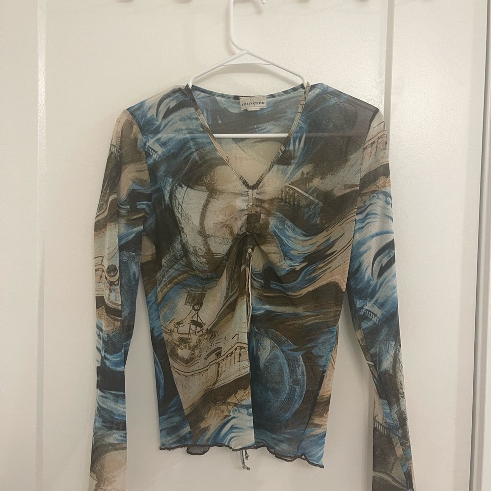 Vintage Y2K Artistic Swirl Long‎ Sleeve Top Citygirl Glam Geometric Blue